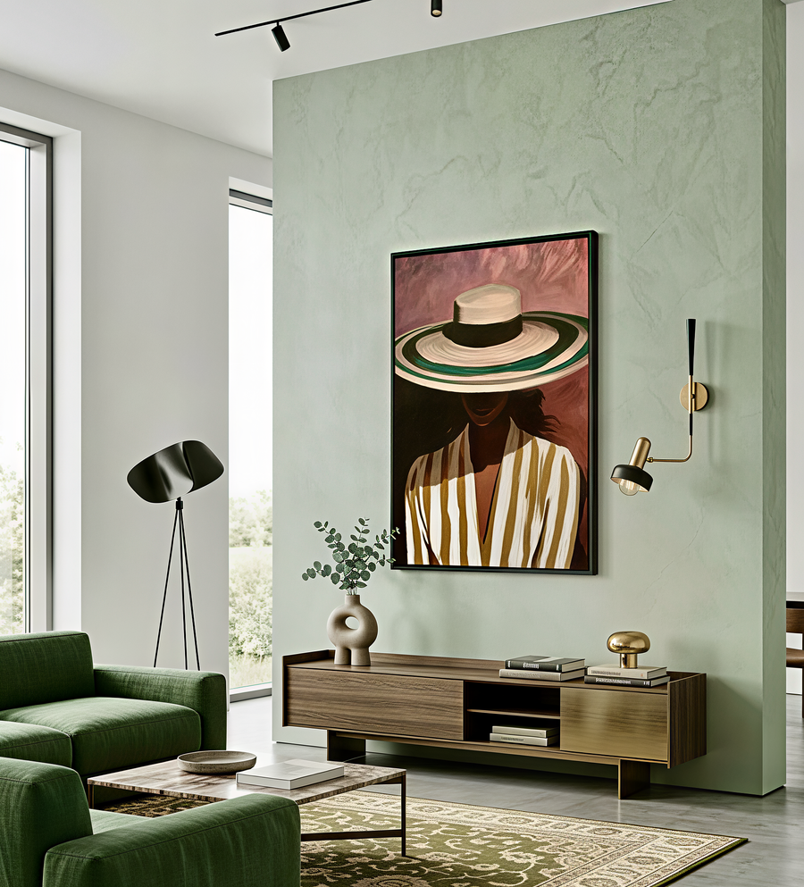 Toile encadrée Portrait au Chapeau de Paille, peinture à l'huile, décoration murale en situation dans un intérieur