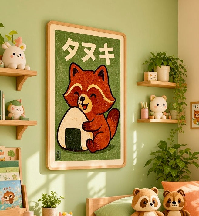 Gros plan sur l'impression de l'affiche tanuki : traits noirs épais, aplats granuleux vert matcha et orange roux