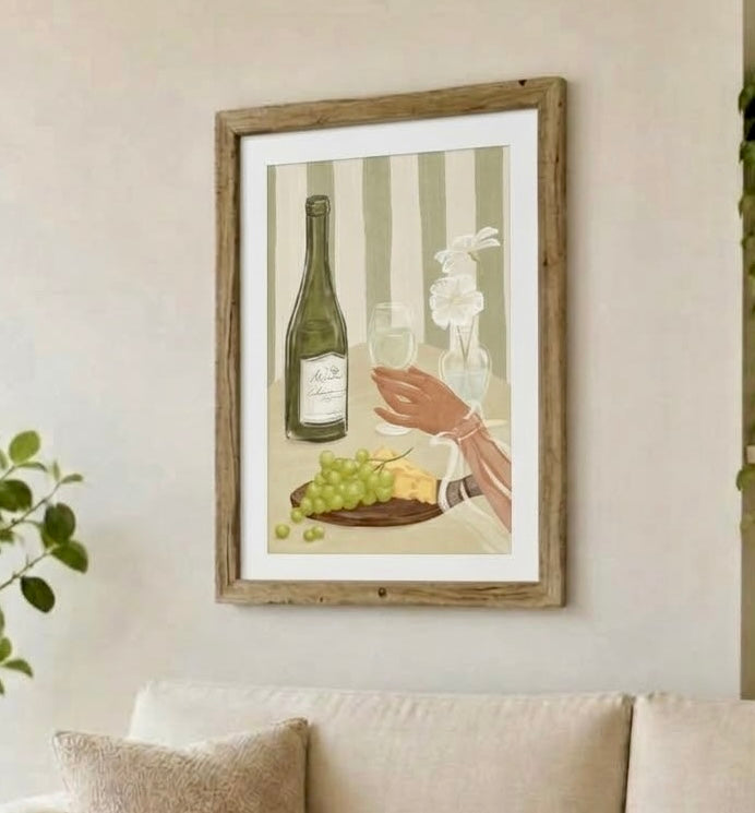 Poster vin blanc et fromage en cadre dans une cuisine, illustration apéro chic aux couleurs douces