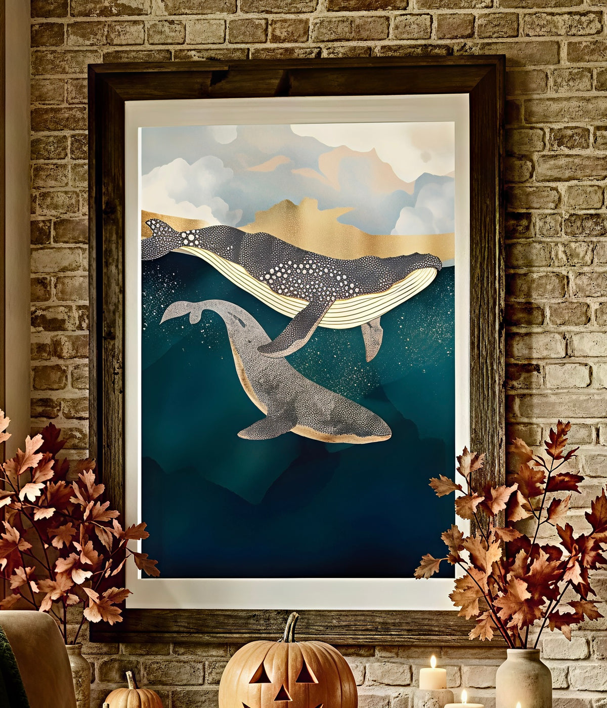 Deux Baleines à Bosse et Feuilles d'Or – Affiche Océan