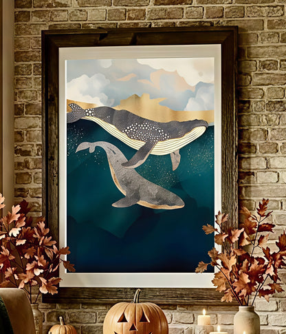 Deux Baleines à Bosse et Feuilles d'Or – Affiche Océan