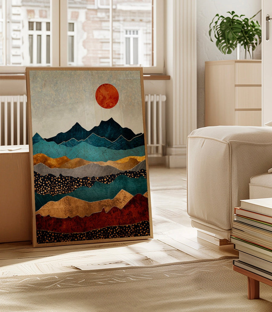 Ambiance salon avec l'affiche paysage abstrait aux montagnes cuivrées encadrée, décoration murale d'automne