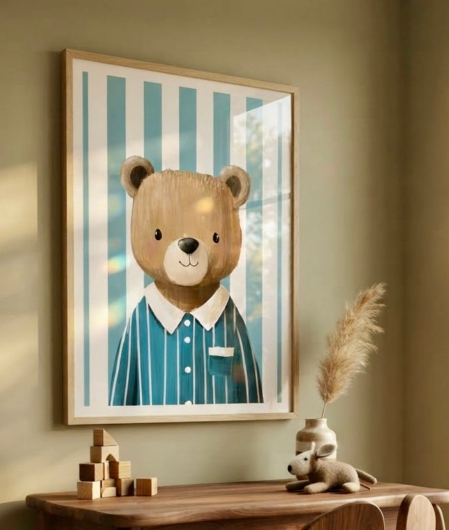Gros plan sur l'impression et le papier de l'affiche Ourson en Pyjama Rayé
