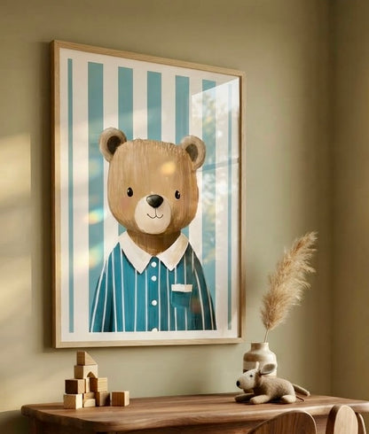 Gros plan sur l'impression et le papier de l'affiche Ourson en Pyjama Rayé