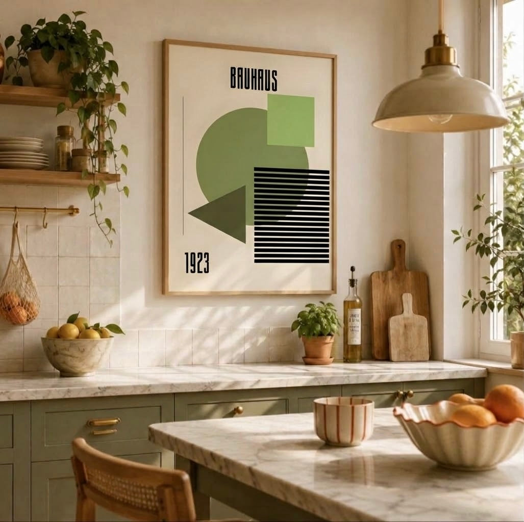 Ambiance salon avec l'affiche Bauhaus 1923 formes vertes encadrée, décoration murale géométrique