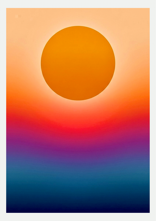 Affiche Soleil Dégradé Orange et Bleu Nuit : grand soleil orange sur dégradé de pêche, rouge, violet et bleu nuit