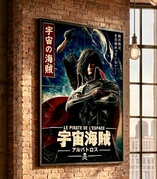 Affiche Pirate de l'Espace au mur d'un salon, vue rapprochée du cadre et du capitaine à la cape rouge sur fond étoilé