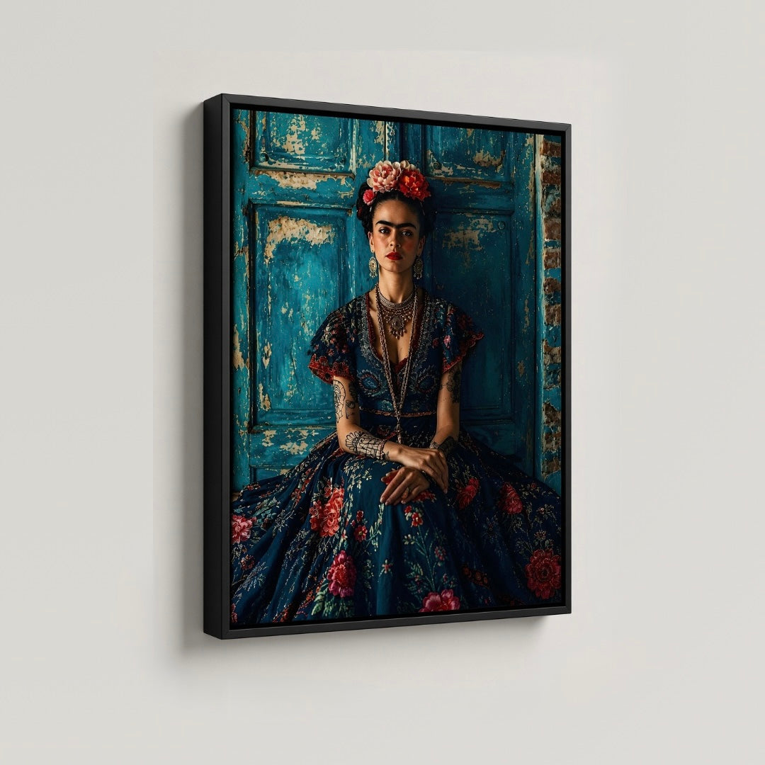 Toile Frida Kahlo portrait fleuri mexicain, vue du cadre et de la toile