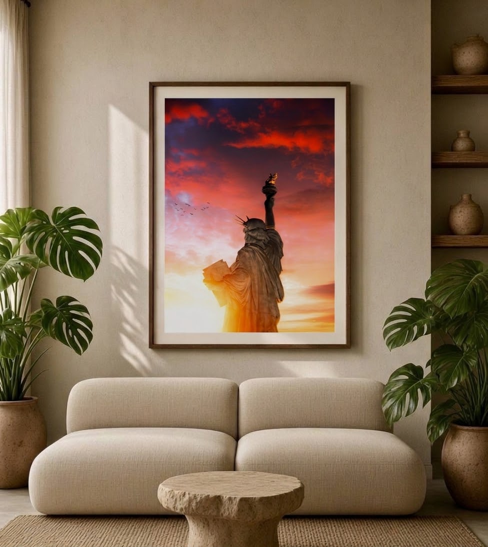 Vue large d'un salon décoré avec l'affiche de la Statue de la Liberté au coucher du soleil sur le mur