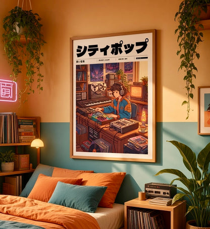 Vue d'ensemble du salon avec l'affiche Studio Synthé Nocturne en décoration murale