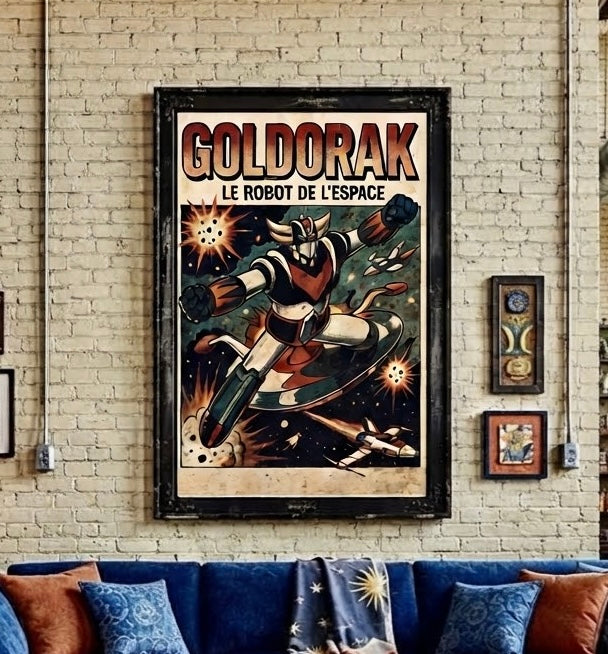 Vue rapprochée de l'affiche Goldorak Le Robot de l'Espace encadrée sur le mur du salon