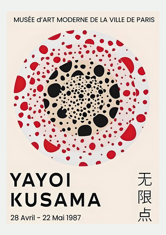Affiche Yayoi Kusama 1987, poster exposition Musée d'Art Moderne de Paris, présentée seule sur fond neutre