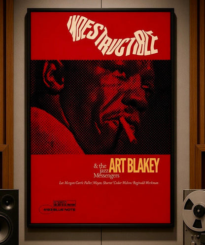 Gros plan sur l'affiche encadrée Art Blakey Indestructible au mur du salon