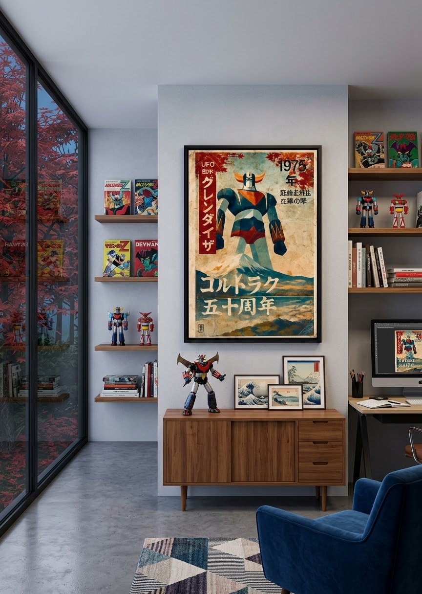 Toile encadrée Goldorak 1975 accrochée au mur – ambiance et cadre