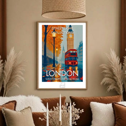 Affiche Autumn Leans on London au mur d'un salon, vue rapprochée du cadre et du feuillage orange