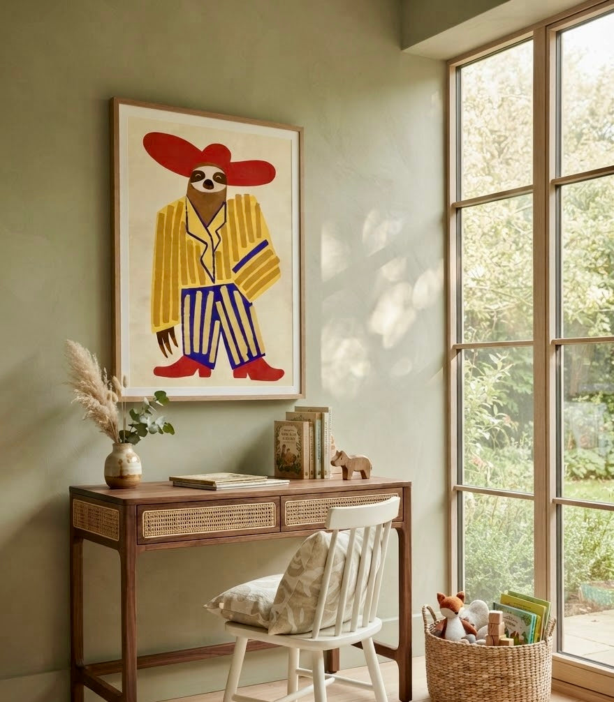 Vue d'ensemble d'une chambre d'enfant avec l'affiche Paresseux Danseur en décoration murale