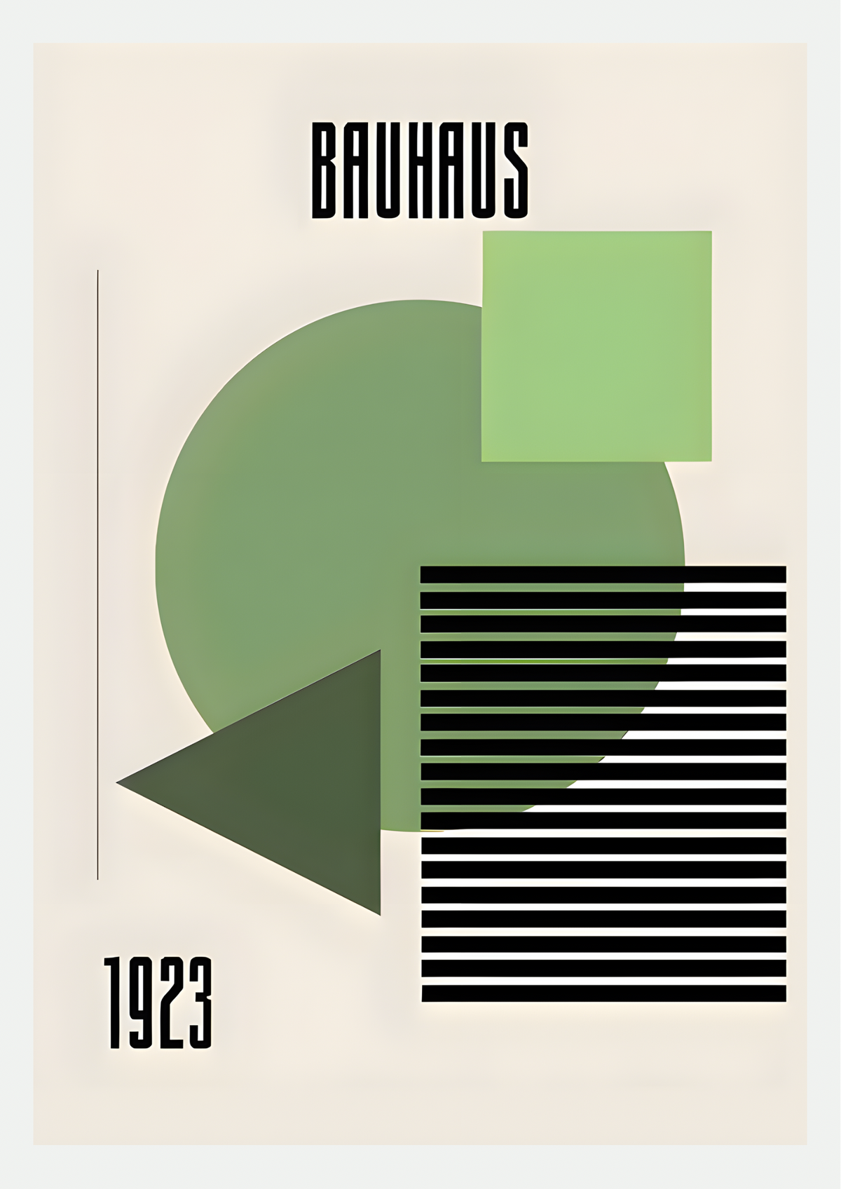 Affiche Bauhaus 1923 : cercle vert sauge, carré vert pomme, triangle vert foncé et bloc de bandes noires sur fond crème