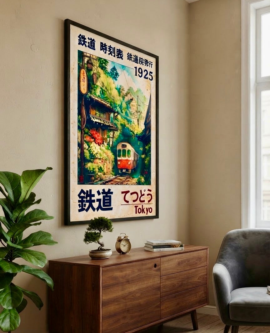 Vue d'ensemble du salon avec l'affiche Tetsudo 1925 en décoration murale