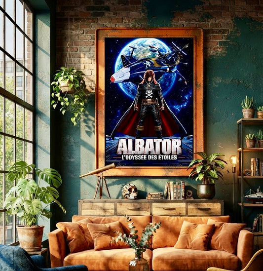 Affiche Albator L'Odyssée des Étoiles encadrée et accrochée au mur d'un salon