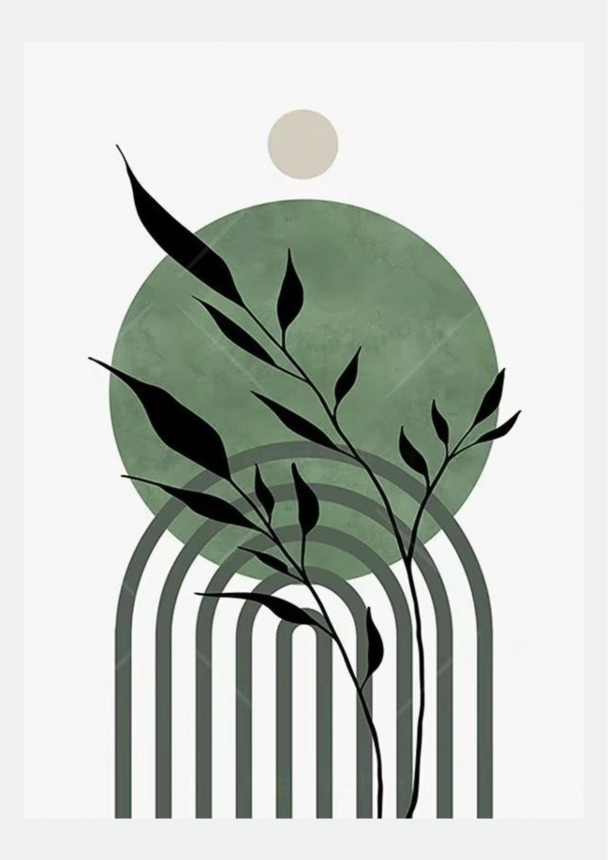 Affiche Fougère verte minimaliste n°3 sur fond neutre, branche sur grand disque vert sauge