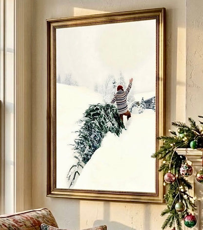 Vue rapprochée de l'affiche du sapin traîné dans la neige au mur, cadre et ambiance montagne