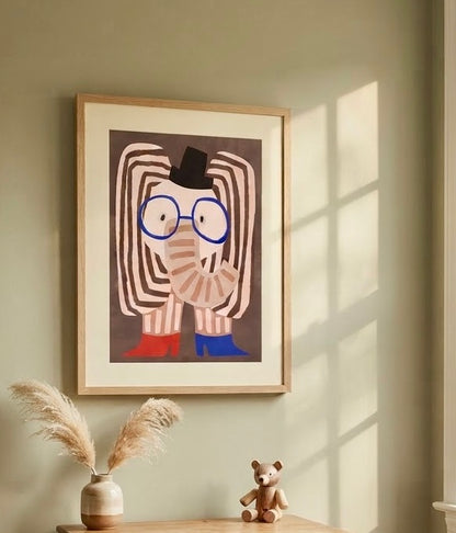 Gros plan sur l'impression et le papier de l'affiche Éléphant Rayé au Chapeau
