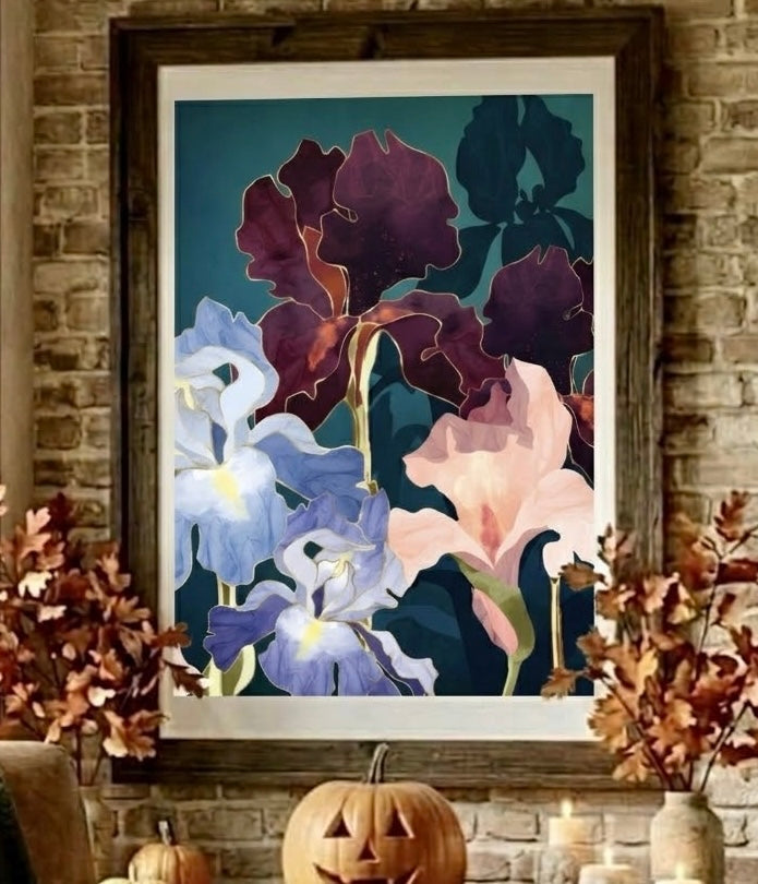 Gros plan sur l'impression de l'affiche iris : effets d'aquarelle, nuances bordeaux et bleues et liserés dorés