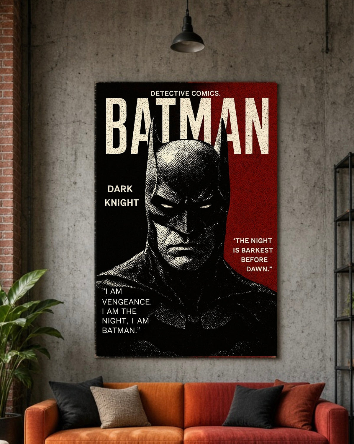 Gros plan sur le tirage de l'affiche Batman, détail du portrait et de la trame demi-teinte