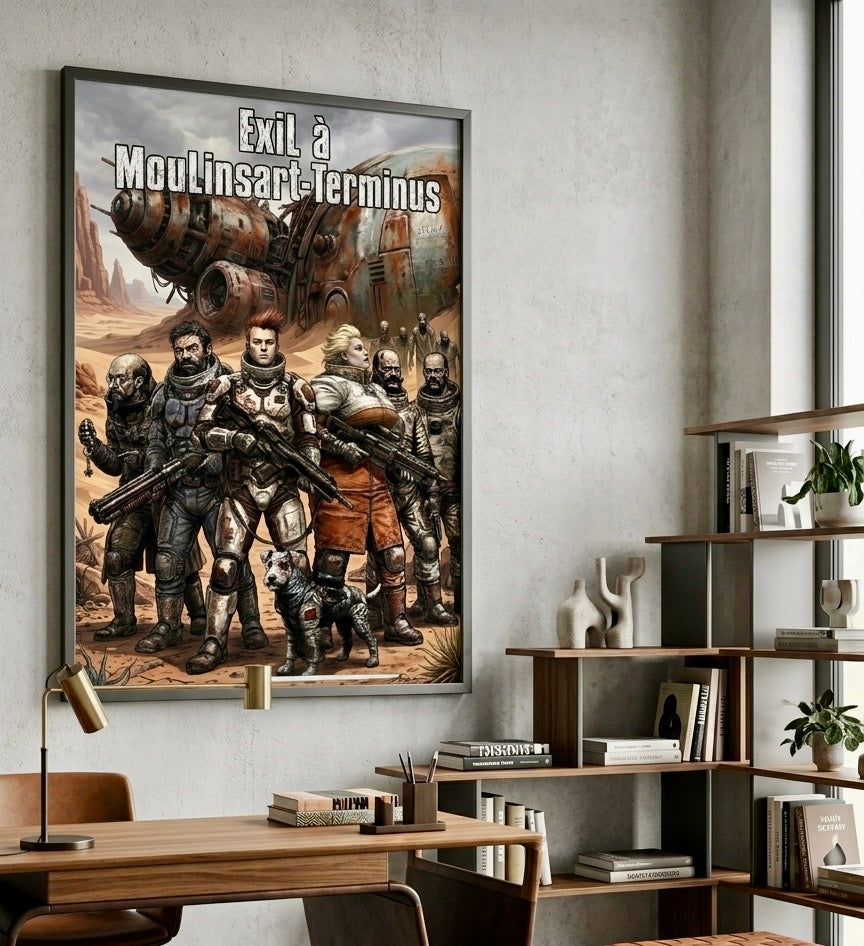Affiche Exil à Moulinsart-Terminus en situation dans un intérieur décoré, ambiance bande dessinée et science-fiction
