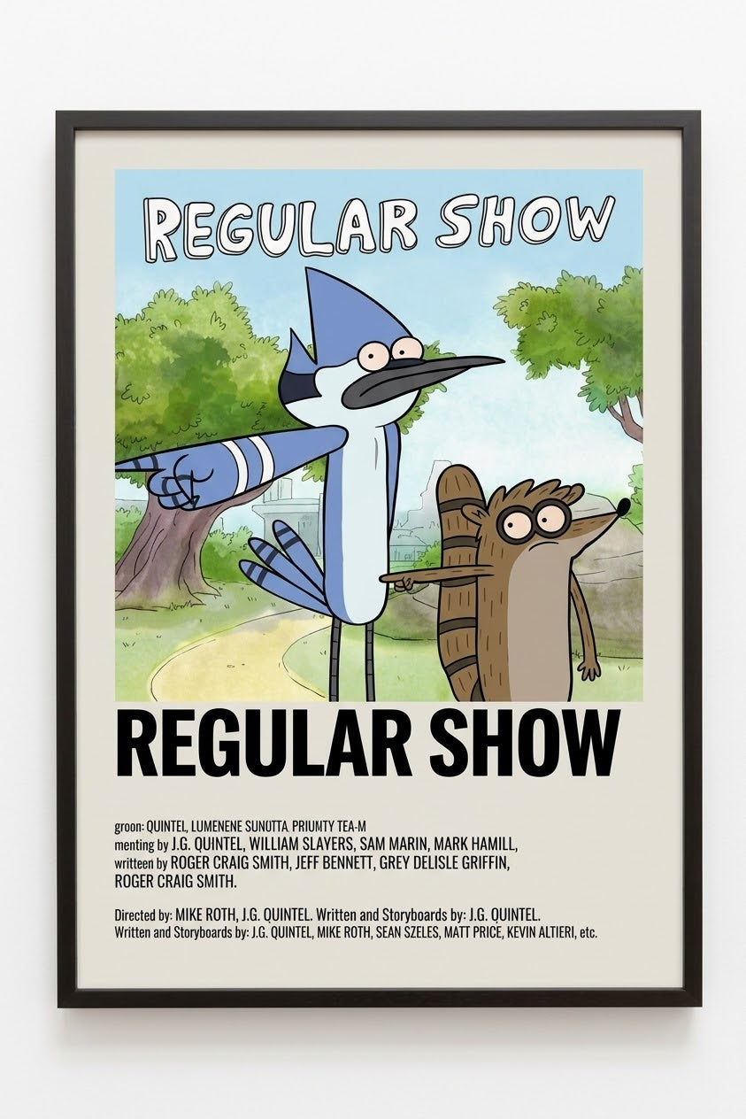 Affiche Regular Show en situation dans un intérieur décoré, ambiance chambre ou espace détente