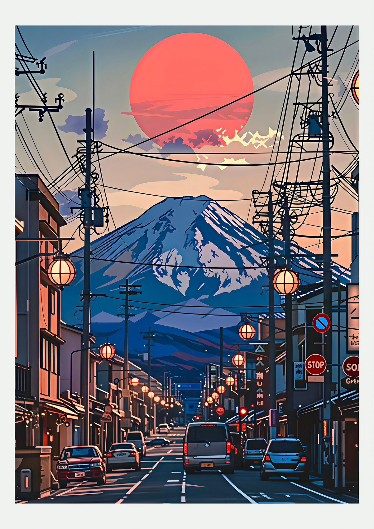 Affiche Crépuscule sur le Mont Fuji, rue japonaise illustrée, présentée seule sur fond neutre