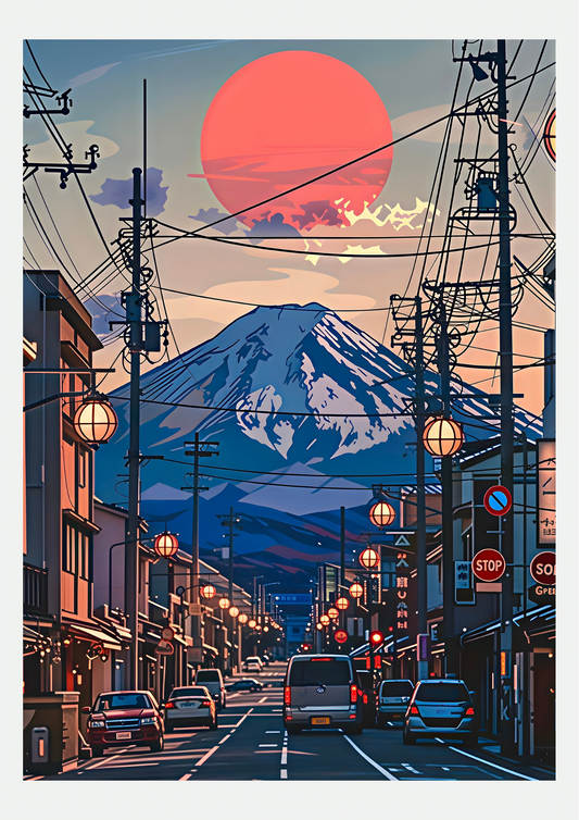 Affiche Crépuscule sur le Mont Fuji, rue japonaise illustrée, présentée seule sur fond neutre