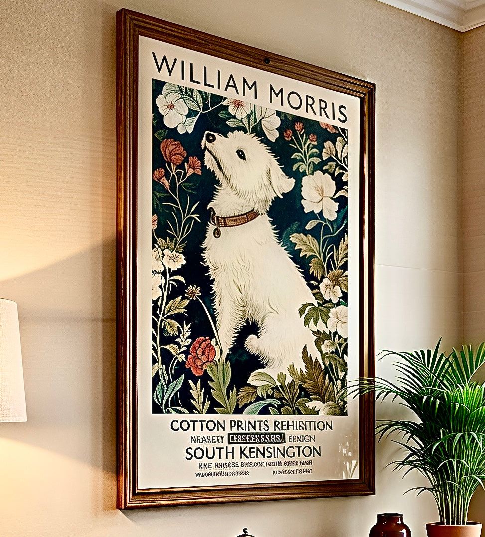 Gros plan sur le tirage de l'affiche, détail du portrait du chien terrier