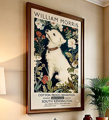 Gros plan sur le tirage de l'affiche, détail du portrait du chien terrier