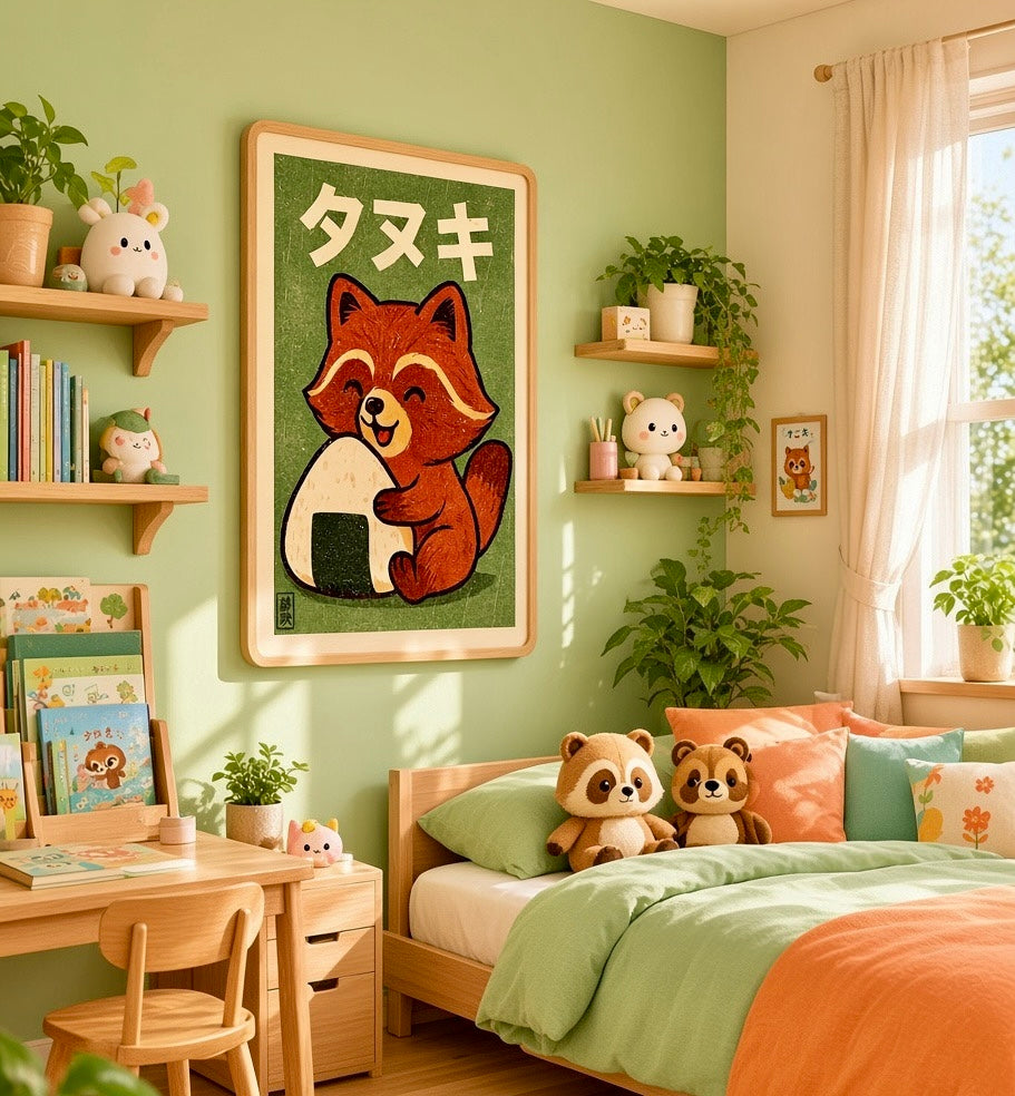 Vue élargie d'un intérieur décoré avec l'affiche tanuki et onigiri encadrée, ambiance japonaise douce pour enfant