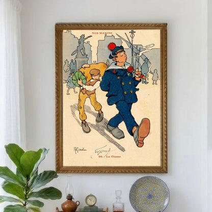 Affiche Gervèse matelot au cigare au mur d'un salon, vue rapprochée du cadre et des couleurs bleu marine et jaune moutarde