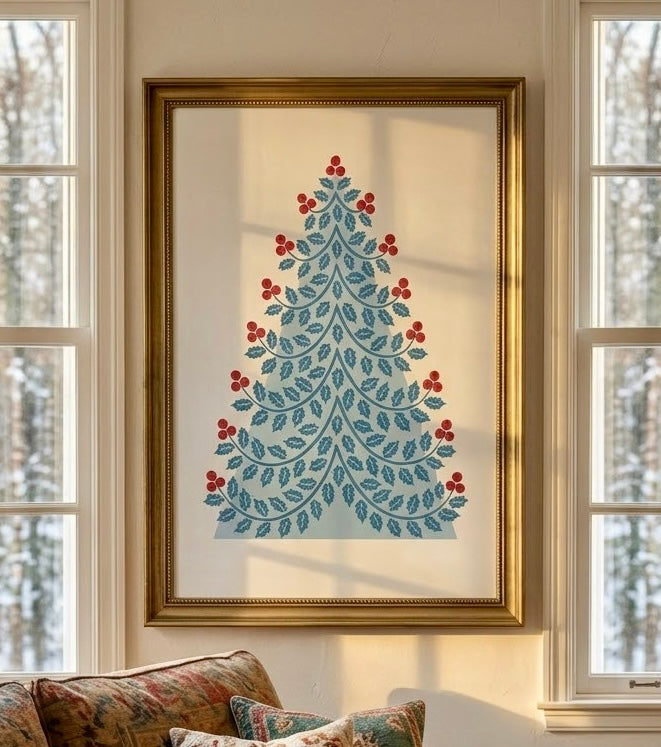 Vue rapprochée de l'affiche du sapin de houx au mur, cadre et ambiance hivernale