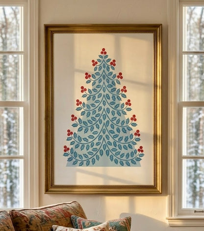 Vue rapprochée de l'affiche du sapin de houx au mur, cadre et ambiance hivernale