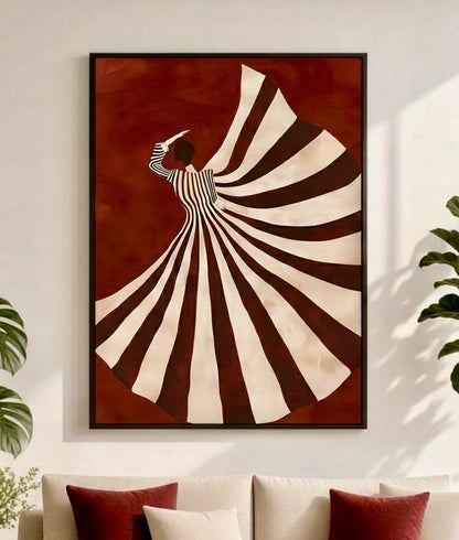 Affiche danseuse tourbillon bordeaux au mur d'un salon, vue rapprochée du cadre et des rayures de la robe