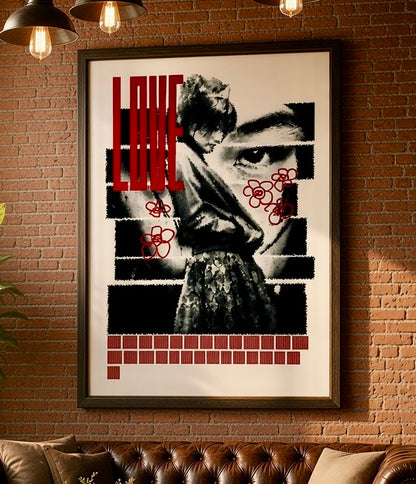Affiche LOVE portrait et fleurs rouges accrochée au mur, vue rapprochée avec cadre et décoration du salon