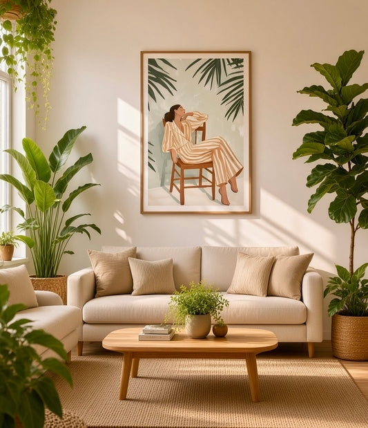 Affiche femme en pyjama rayé et palmes encadrée, accrochée au mur d'un salon lumineux