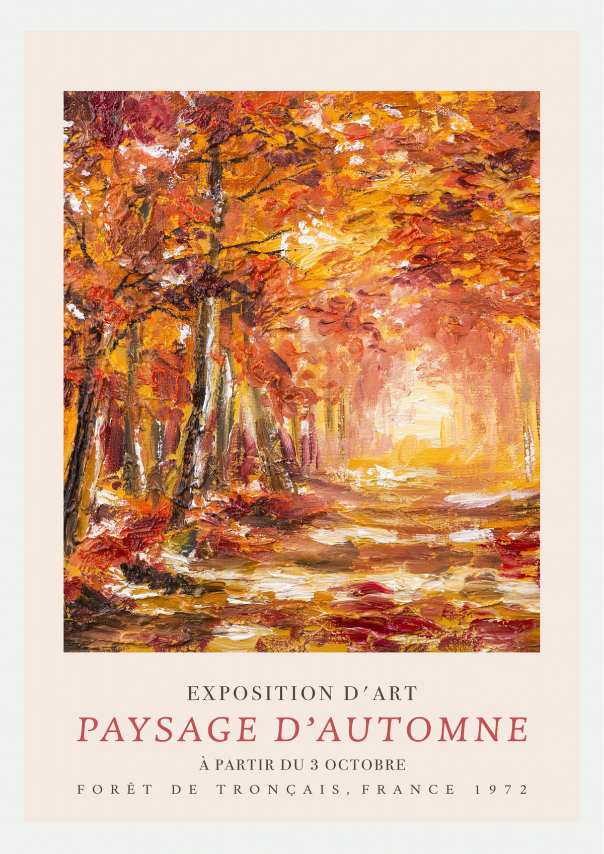 Affiche Forêt de Tronçais en Automne : peinture à l'huile d'un sous-bois orange et rouge, chemin baigné de lumière dorée, titre Paysage d'automne