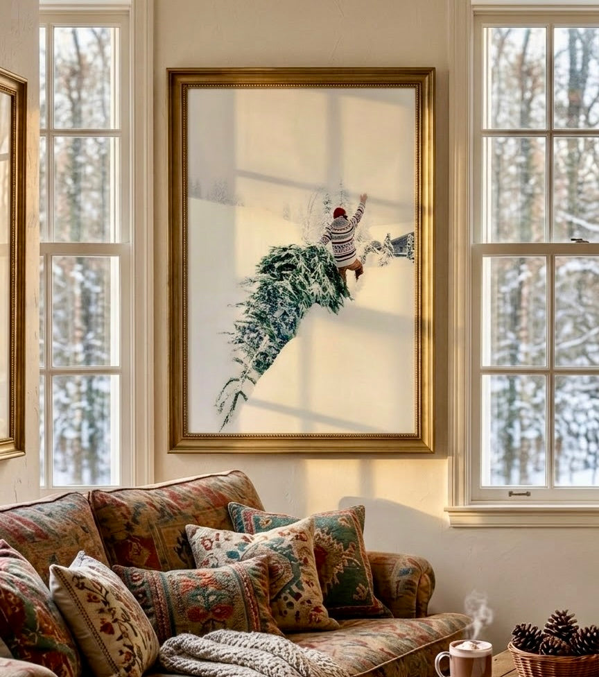 Ambiance salon scandinave avec l'affiche photo du sapin dans la neige encadrée, blanc, vert et rouge