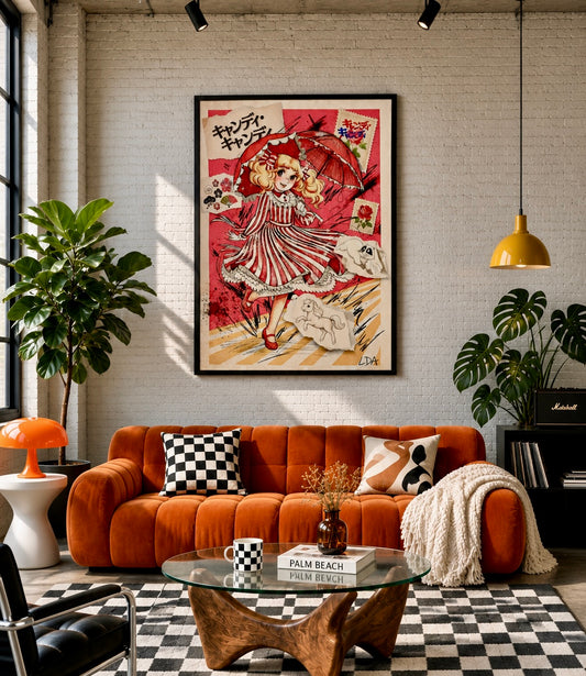 Affiche Candy Rétro Pop encadrée et accrochée au mur d'un salon