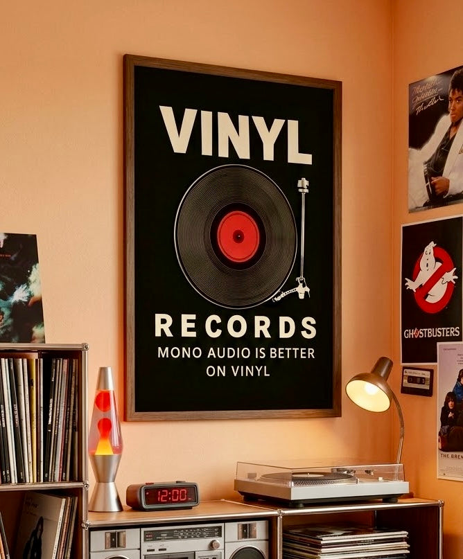 Vue rapprochée de l'affiche Vinyl Records au mur, cadre, sillons du disque et bras de lecture chromé