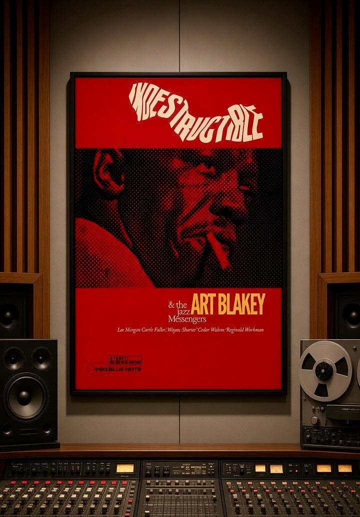 Affiche encadrée Art Blakey Indestructible accrochée au mur d'un salon