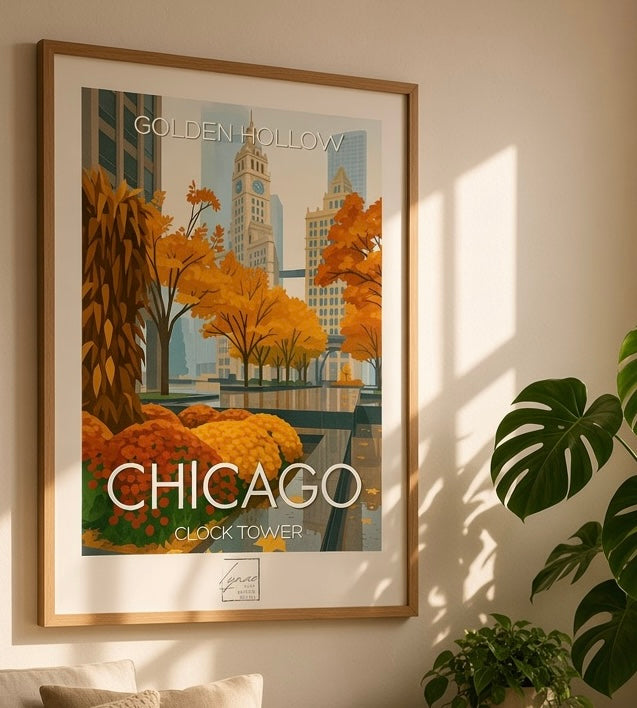 Gros plan sur les teintes automnales de l'affiche Golden Hollow Chicago