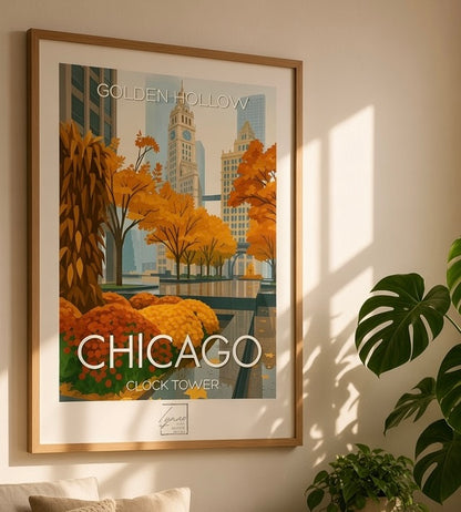 Gros plan sur les teintes automnales de l'affiche Golden Hollow Chicago