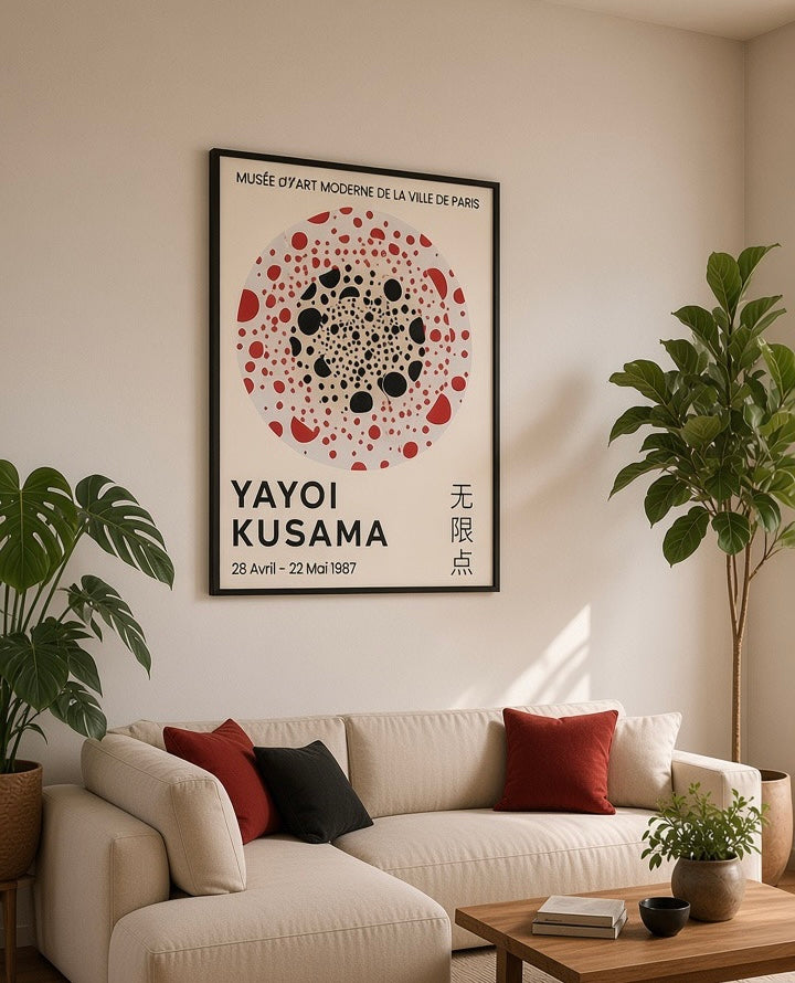 Vue d'ensemble du salon avec l'affiche Yayoi Kusama 1987 en décoration murale