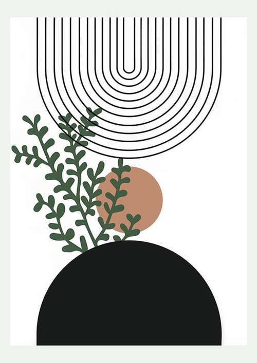 Cercle Noir & Fougères Illustrées – Affiche Minimaliste Botanique